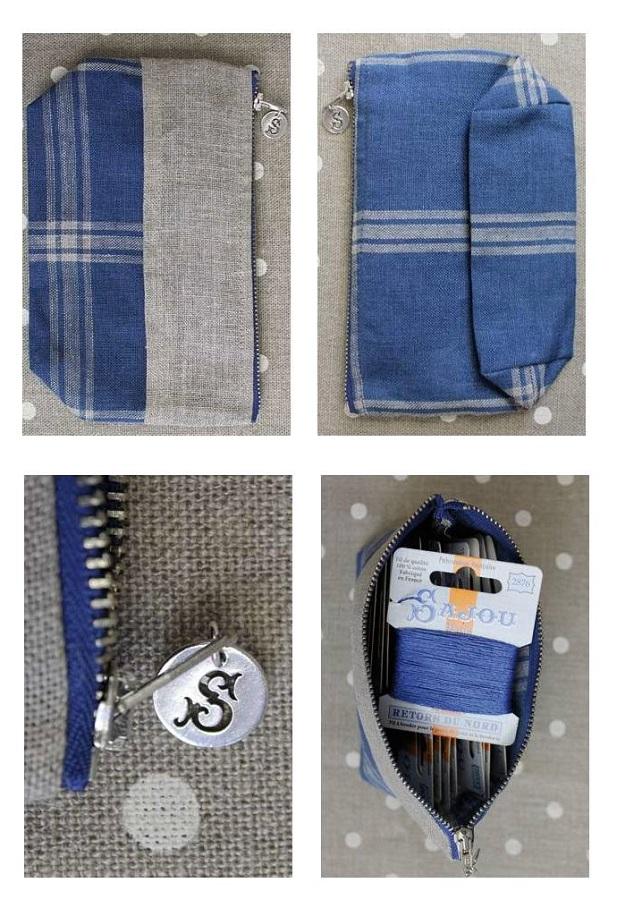 SAJOU 刺繍布リネン半製品 バッグ＆ポーチ - TROUSSE LIN CARREAUX BLEU